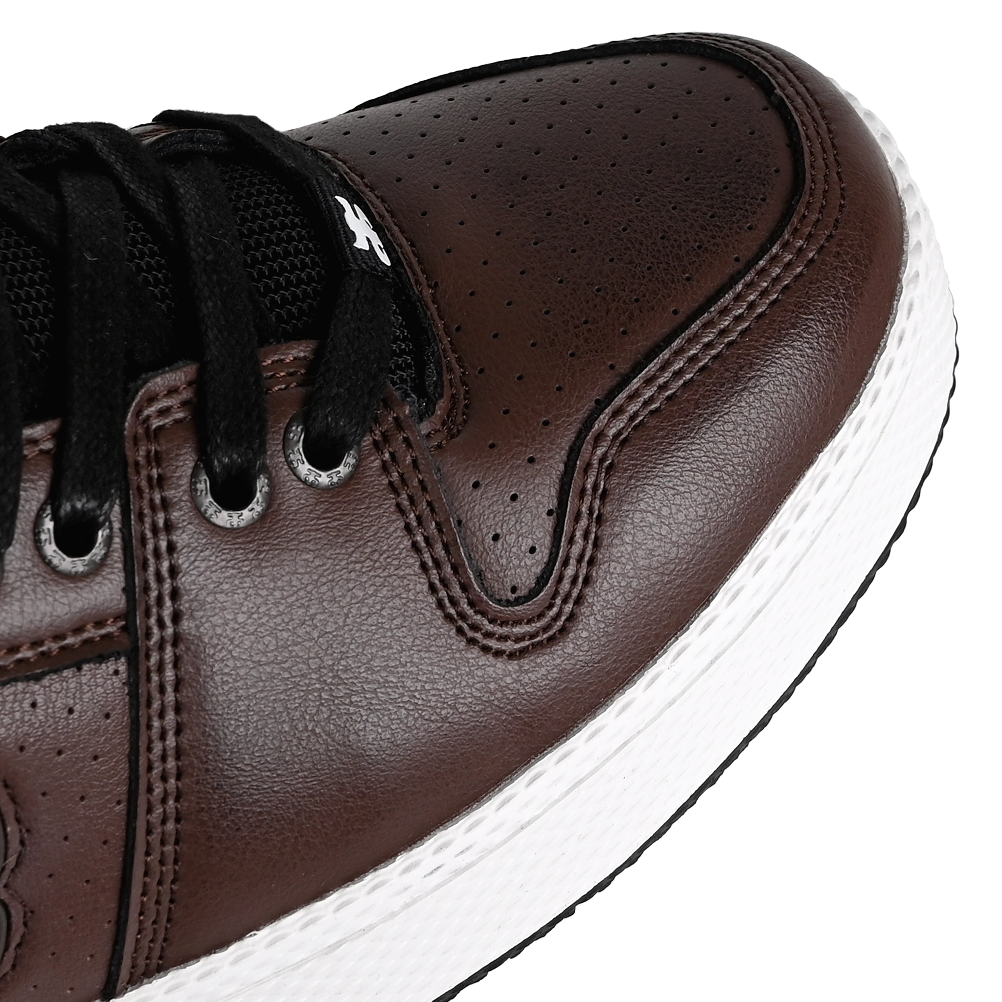 Toe box of Dark brown leather I-Path Footwear Grasshopper mid skateboard sneaker on a white background