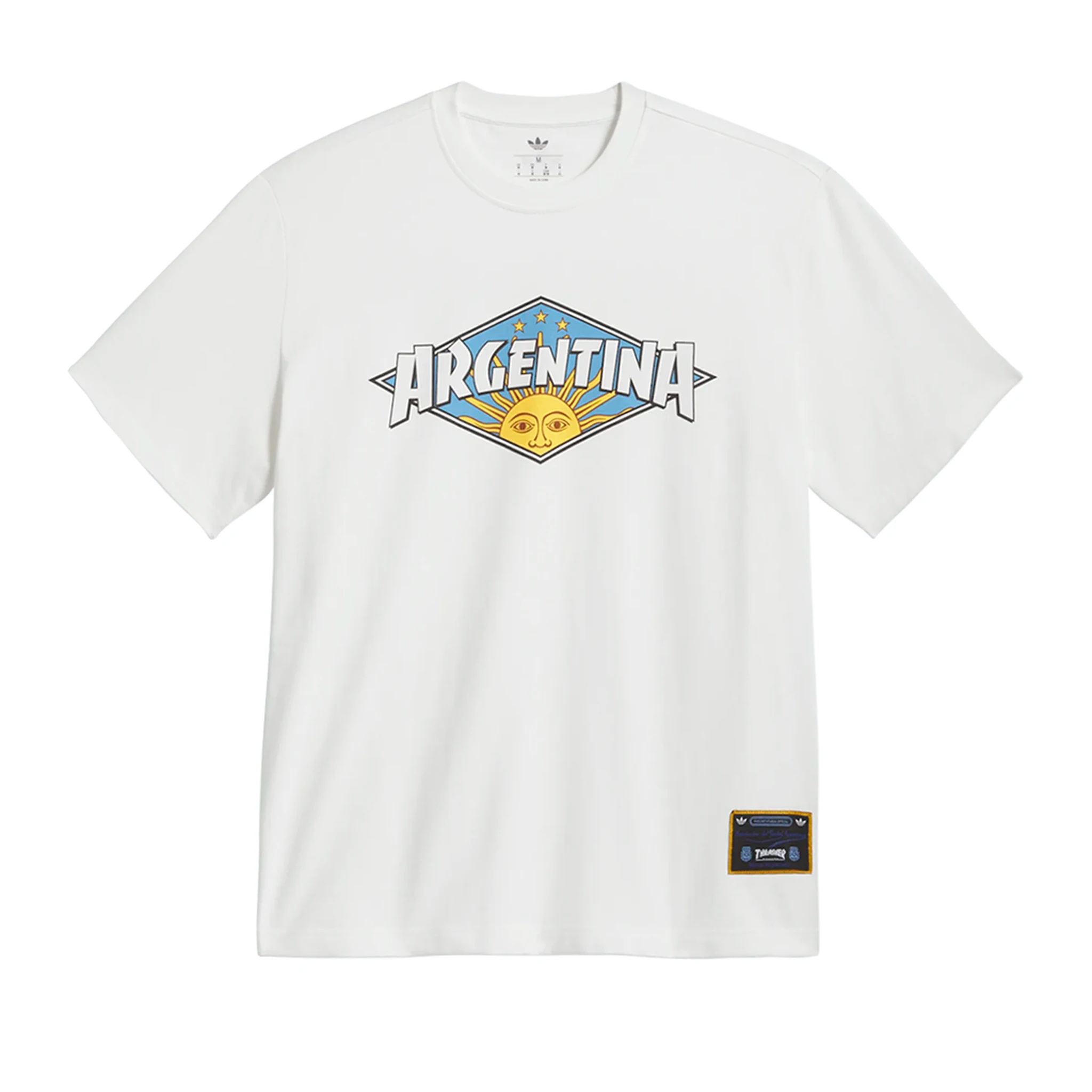 Front of a white adidas Skateboarding x Thrasher Magazine x Argentina Football Association  tee shirt on a white background