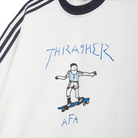 Close up of White adidas Skateboarding x Thrasher Magazine x Argentina Football Association  Gonz ringer tee shirt with black stripes on a white background