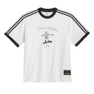 White adidas Skateboarding x Thrasher Magazine x Argentina Football Association  Gonz ringer tee shirt with black stripes on a white background