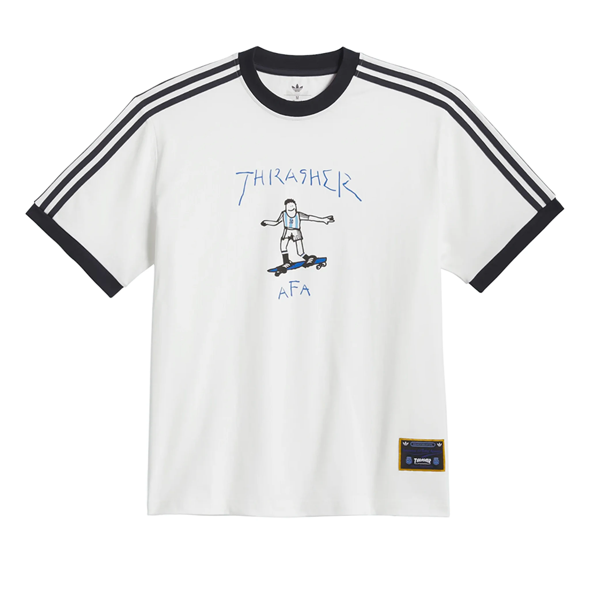 White adidas Skateboarding x Thrasher Magazine x Argentina Football Association  Gonz ringer tee shirt with black stripes on a white background