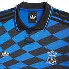 Close up of Blue and black checkered adidas Skateboarding x Thrasher Magazine x Argentina Football Association  polo jersey on a white background