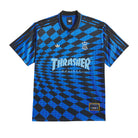 Blue and black checkered adidas Skateboarding x Thrasher Magazine x Argentina Football Association  polo jersey on a white background