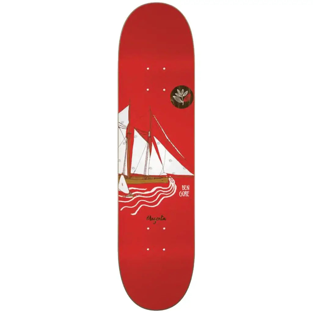 Magenta Skateboards Ben Gore Nautical Deck 8.5 features a vibrant red design with a sailboat graphic.