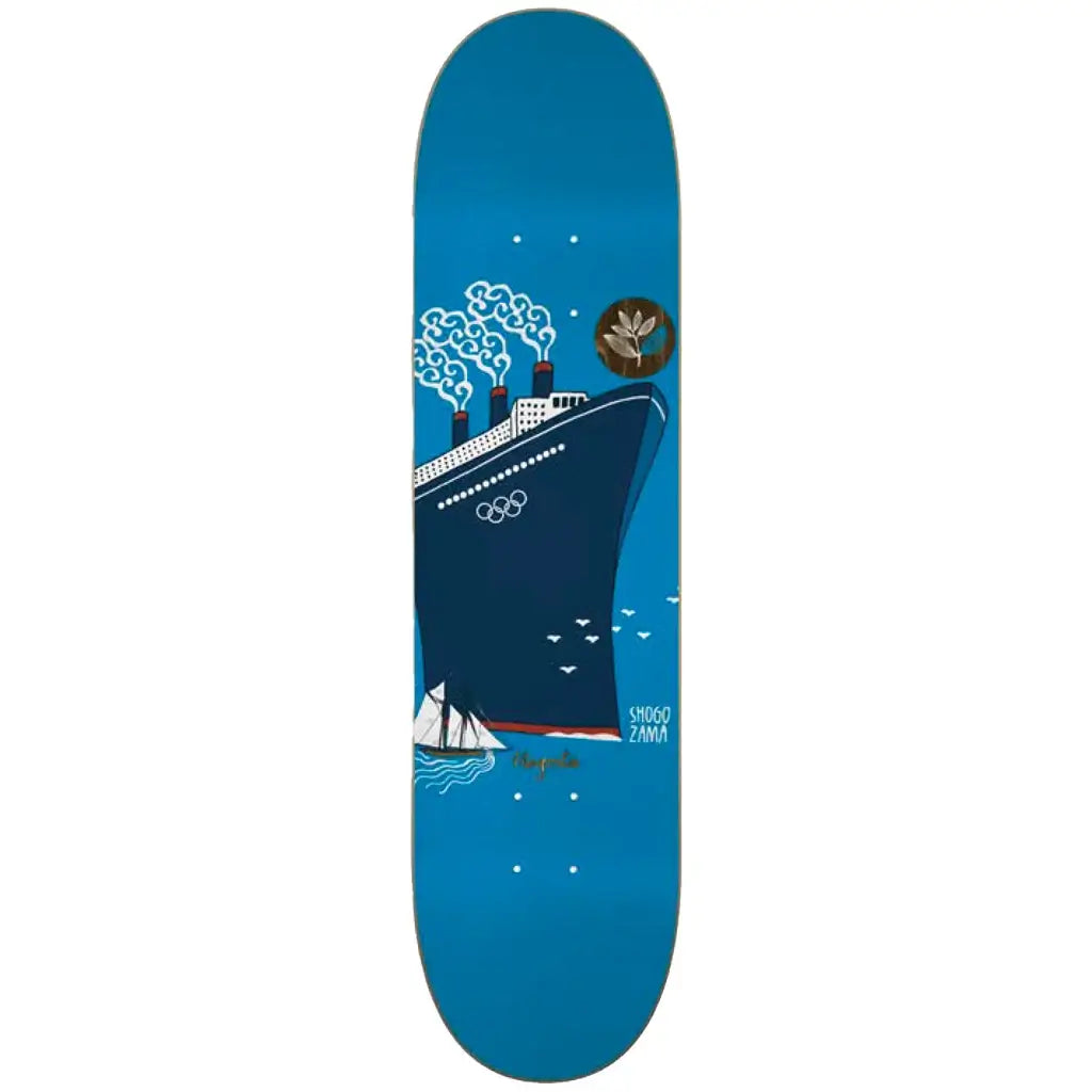 Magenta Skateboards Shogo Zama Nautical Deck 8.25 with ship graphic, vibrant blue design, and unique veneer.