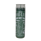 No-Comply green lucky candle with white design on a white background