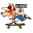 Custom dye-cut sticker hang tag for No-Comply Script Logo skateboard deck dog toy with green deck and black grip tape on a white background