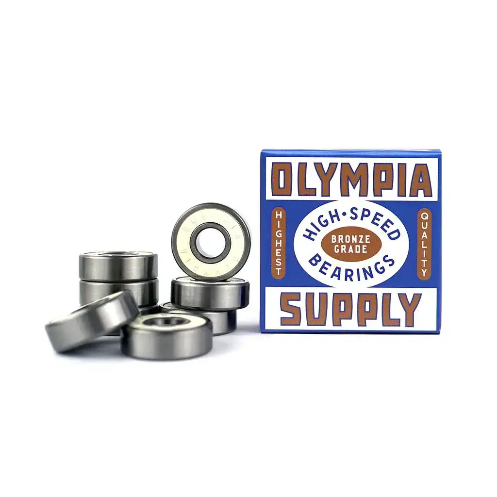 Olympia Supply Bronze Skateboard Bearings 8 Pack with box, featuring high-speed nylon retainer and removable rubber shield.