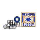 Olympia Supply silver skateboard bearings 8 pack with box and 6-ball bearings, designed for high-speed performance.