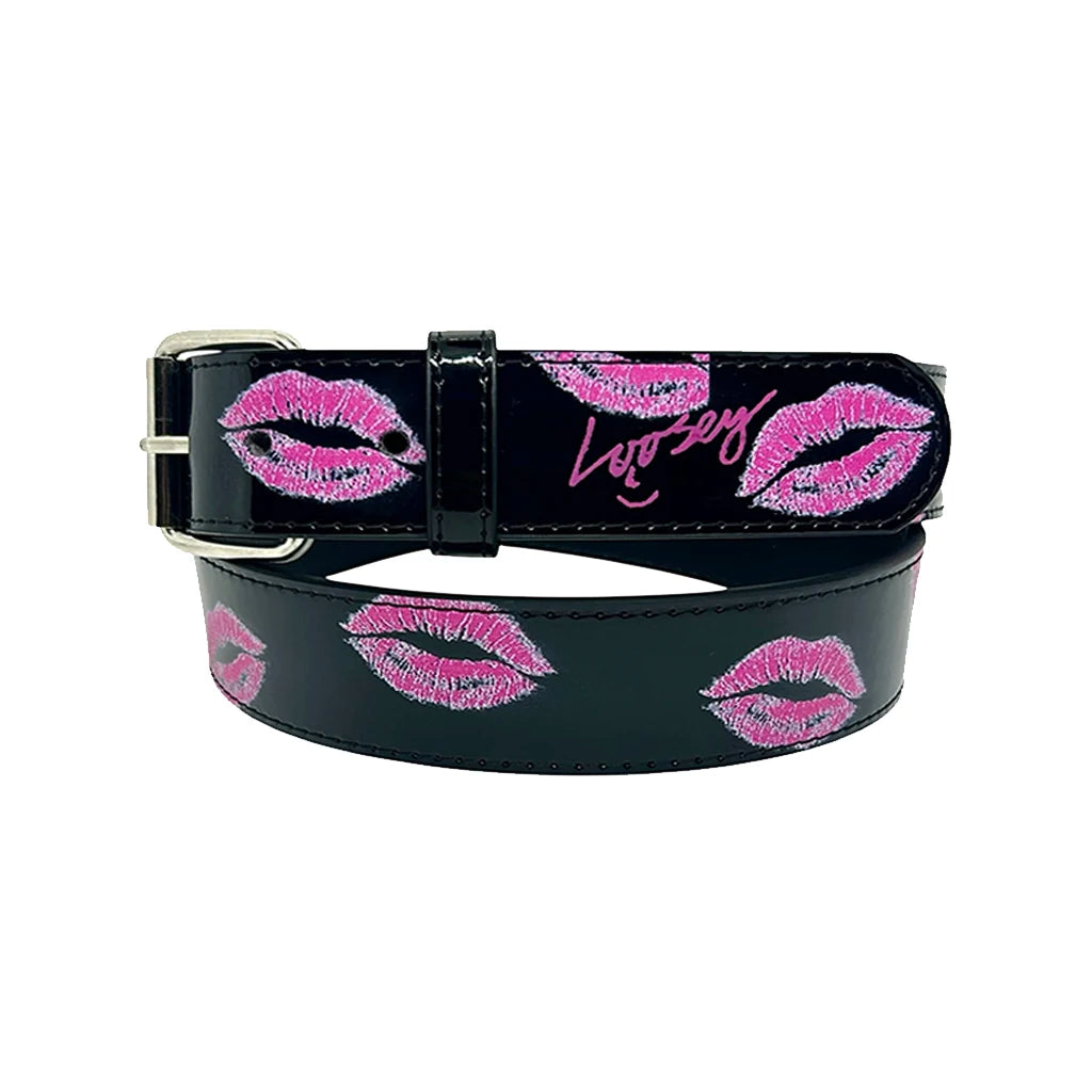 Black belt with pink lip prints and 'Loosey' text on a white background