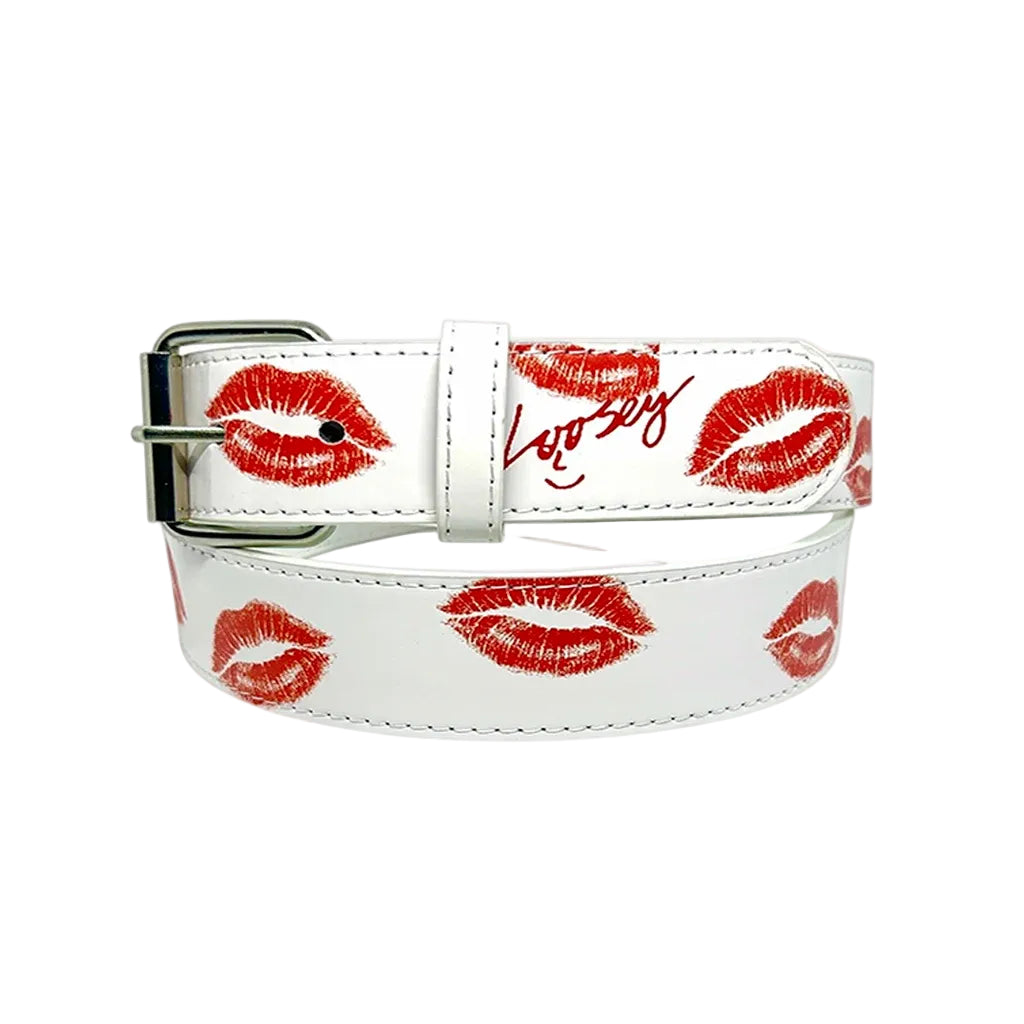 White belt with red lip prints and 'Loose' text on a white background