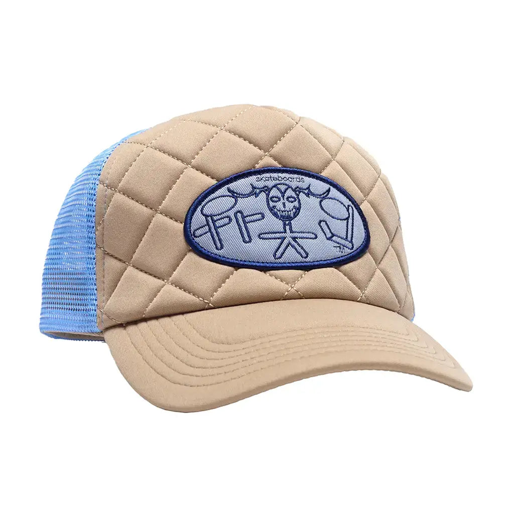 Frog Skateboards Skoom Logo Trucker Hat in brown and blue, featuring embroidered logo on front and snap back closure.