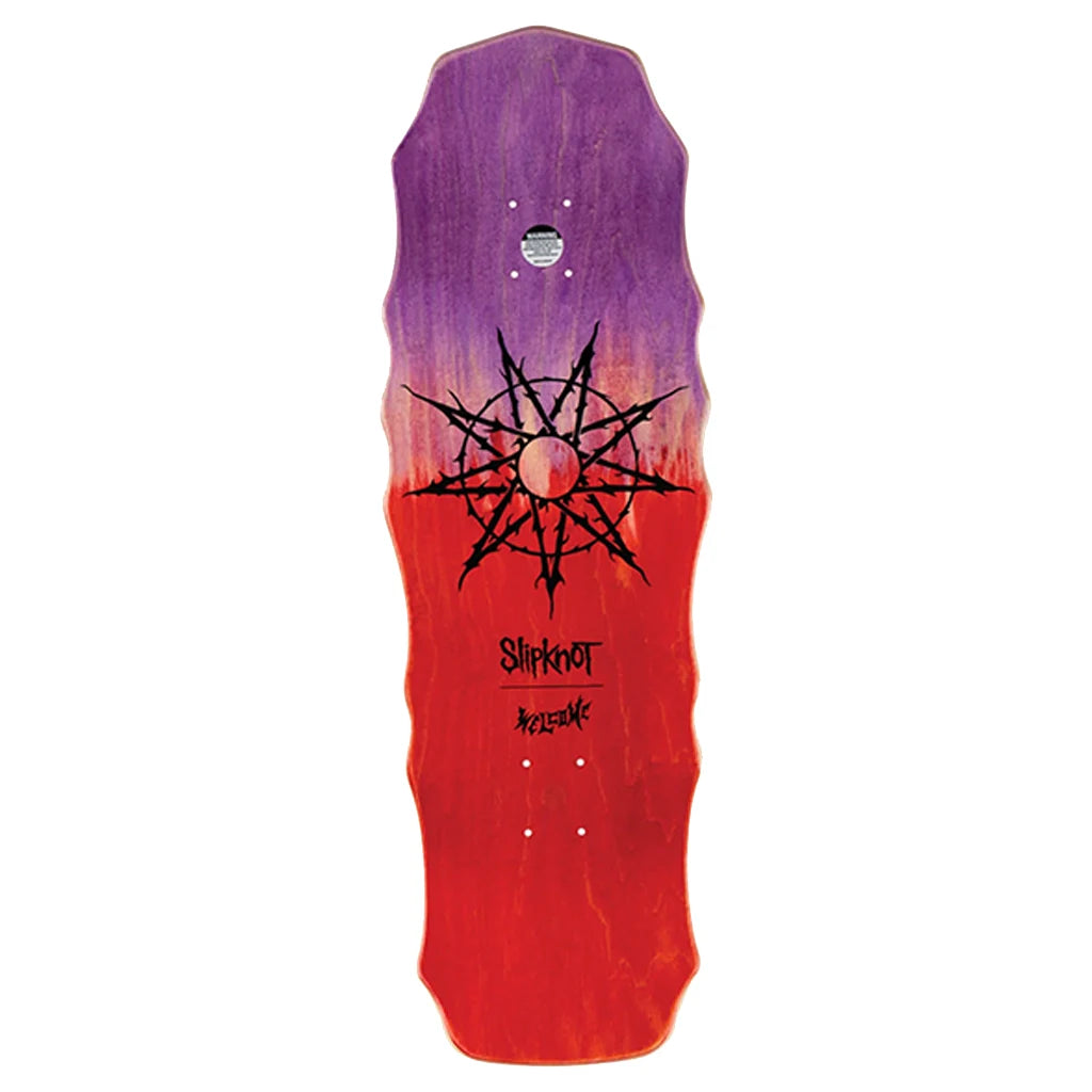 Purple & red gradiant Welcome x Slipnot skateboard deck with logo design on a white background