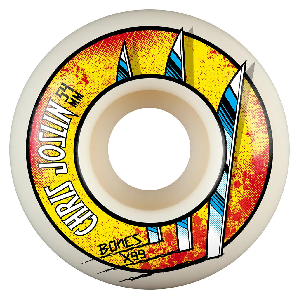 Skateboard wheel with colorful design and 'Bones' branding on a white background