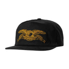 Anti Hero Skateboards logo emboirdered on a black 5-panel snapback hat on a white background