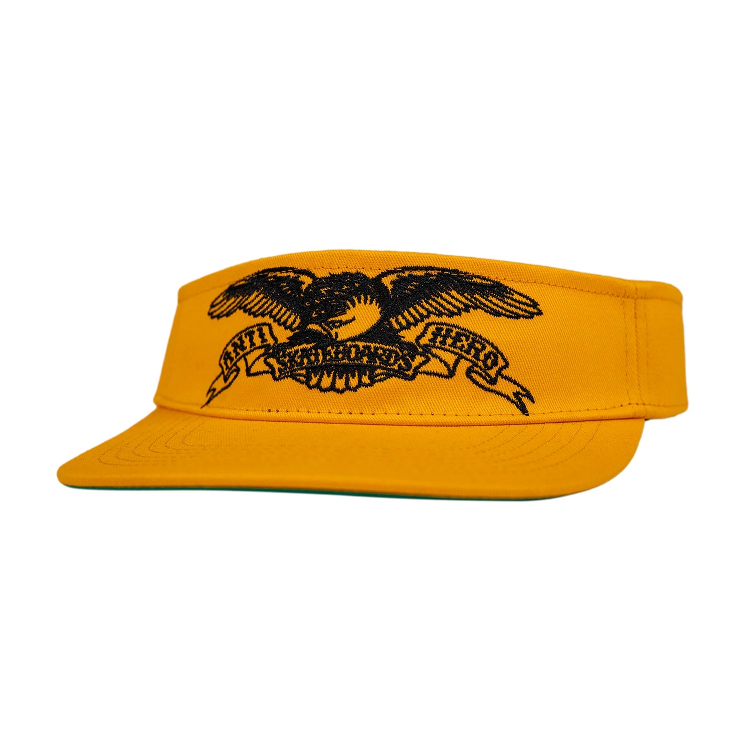 Anti Hero Skateboards basic eagle logo embroidered on the front of an orange visor on a white background