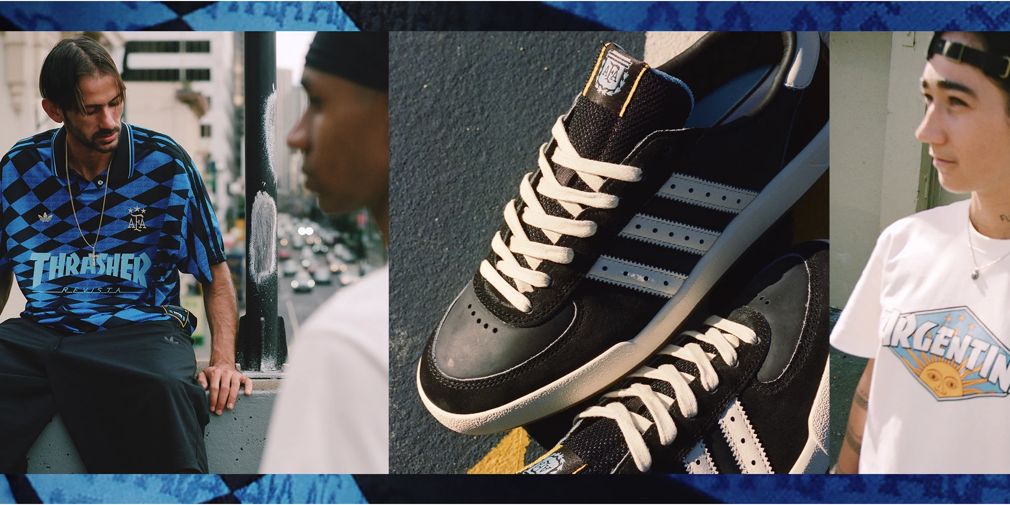Collage of a person wearing adidas Skateboarding x Thrasher Magazine x AFA black and blue checkerboard collared jersey, a close-up of core black and cloud white Glenburn sneakers, and another person wearing the adidas Skateboarding x Thrasher Magazine x AFA 'Argentina' t-shirt in white.