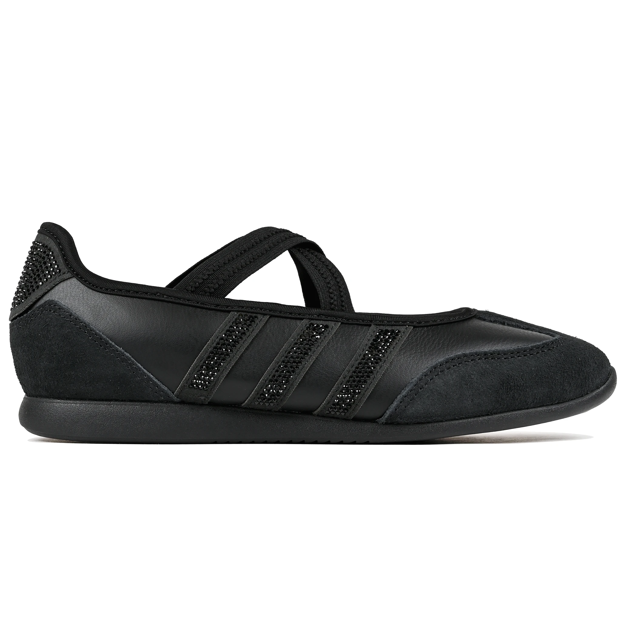 A core black Adidas Originals Mary Jane sneaker with textured leather and suede panels, three rhinestone-embellished stripes, and a black elastic strap across the instep, shown in a side profile on a white background.