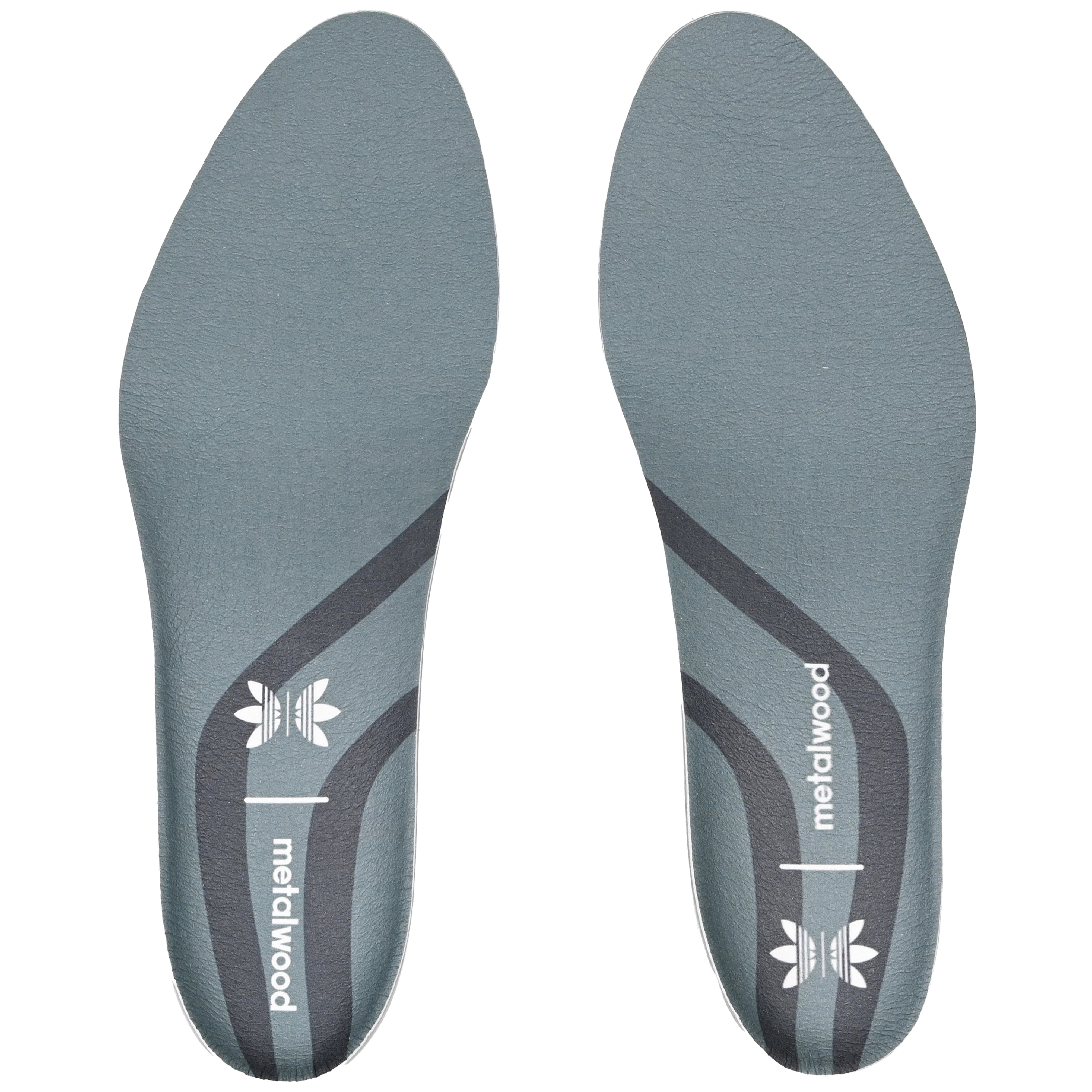 Gray shoe insoles with Adidas and Metalwood branding on a white background