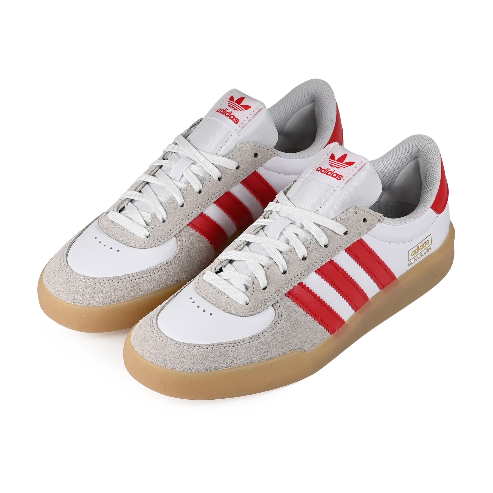 A pair of Footwear white adidas Skateboarding Glenburn skateboard sneakers with better scarlet stripes on a white background