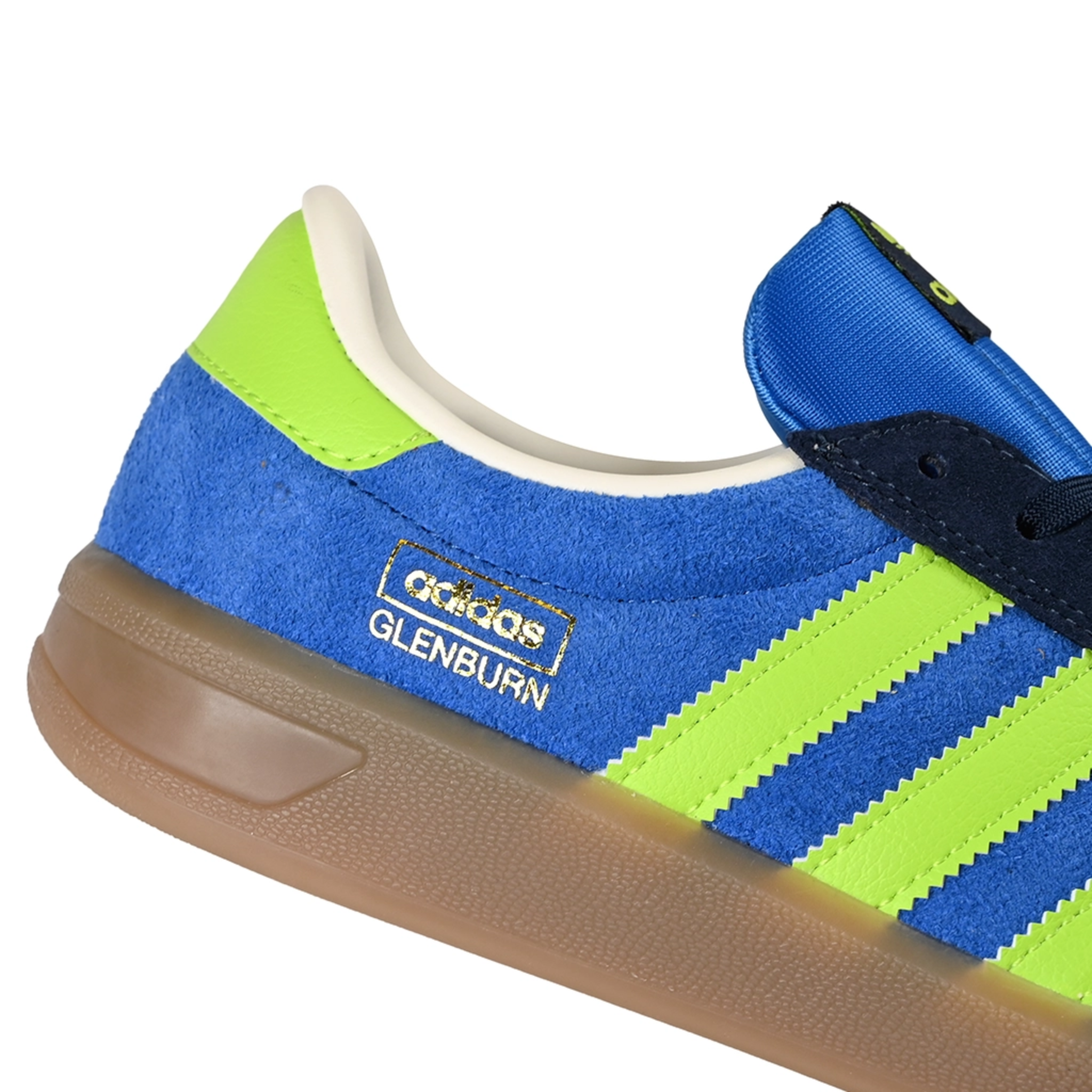 A close up of Bright royal adidas Skateboarding Glenburn skateboard sneaker with solar slime stripes on a white background