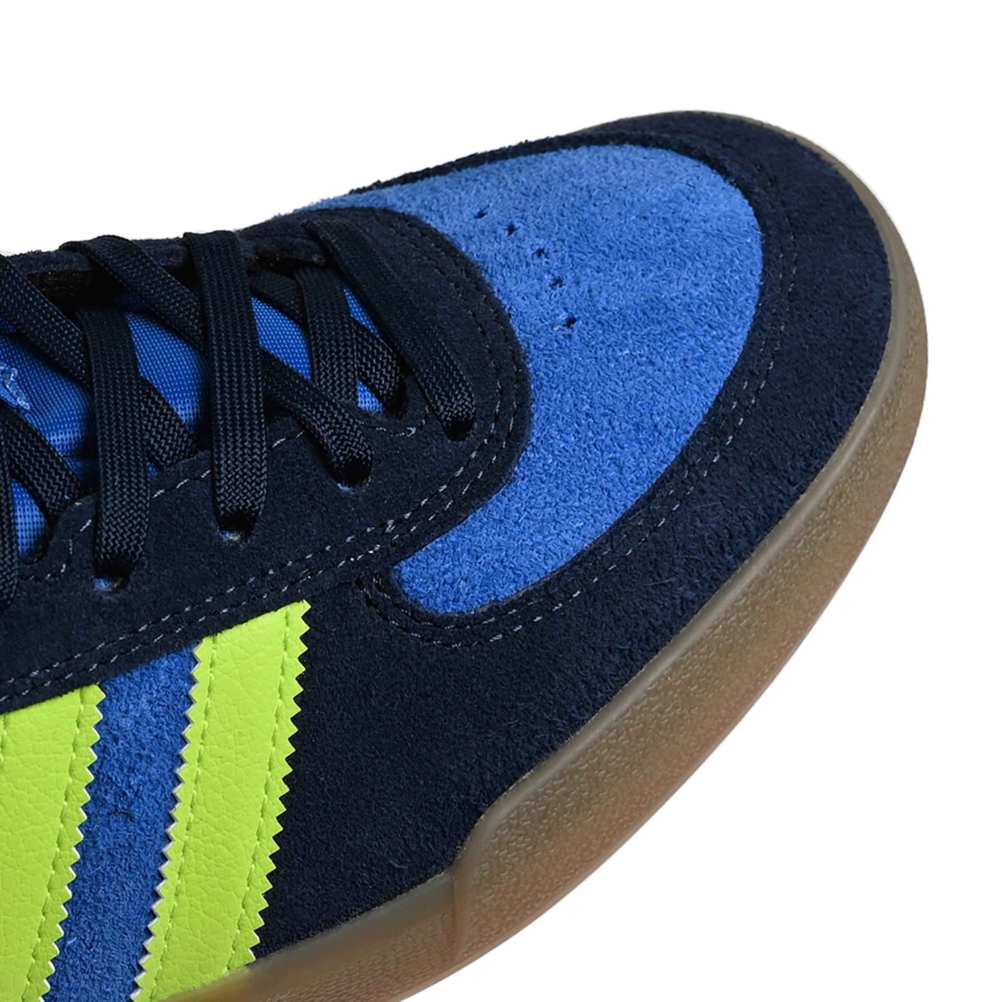 Toe box of Bright royal adidas Skateboarding Glenburn skateboard sneaker with solar slime stripes on a white background