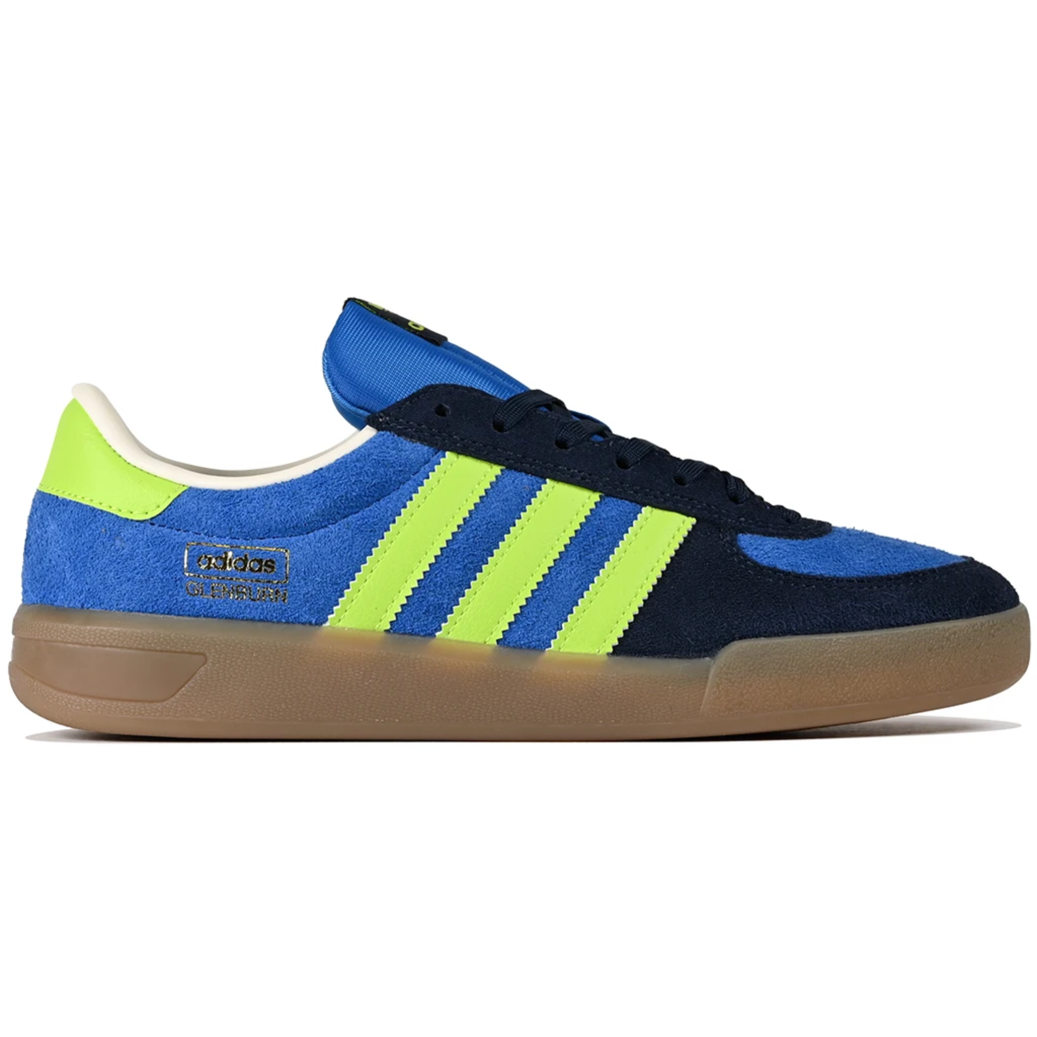Bright royal adidas Skateboarding Glenburn skateboard sneaker with solar slime stripes on a white background