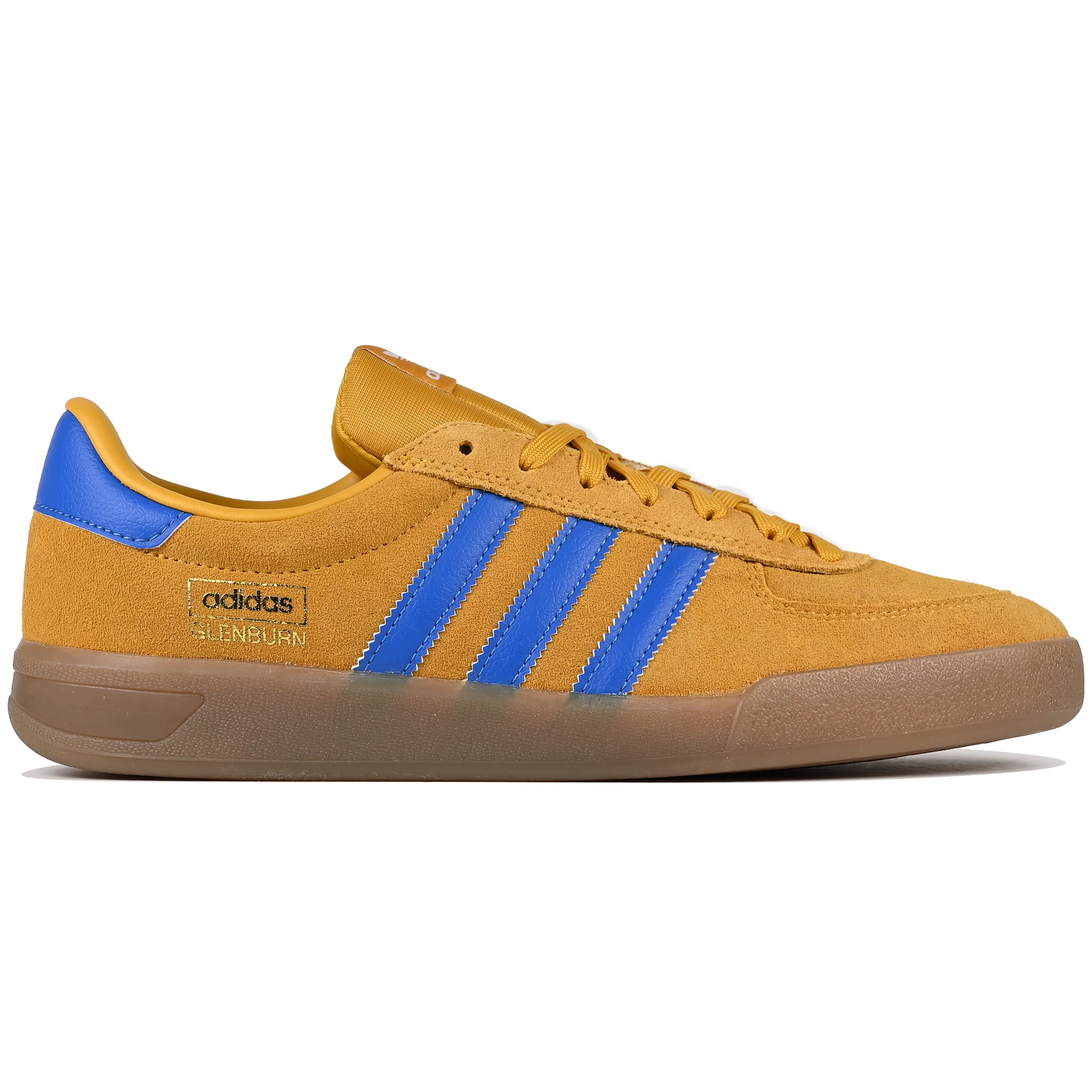 Preloved yellow adidas Skateboarding Glenburn skateboard sneaker with Bright Royal stripes on a white background