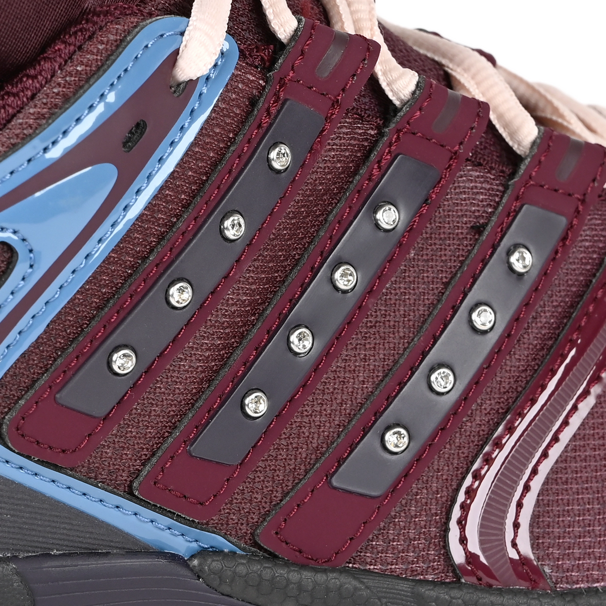 Aurora Ruby adidas Skateboarding x Hardies NYC Adistar Control 5 men's sneaker with rhinestone embellishments on the adidas 3 strie branding on a white background