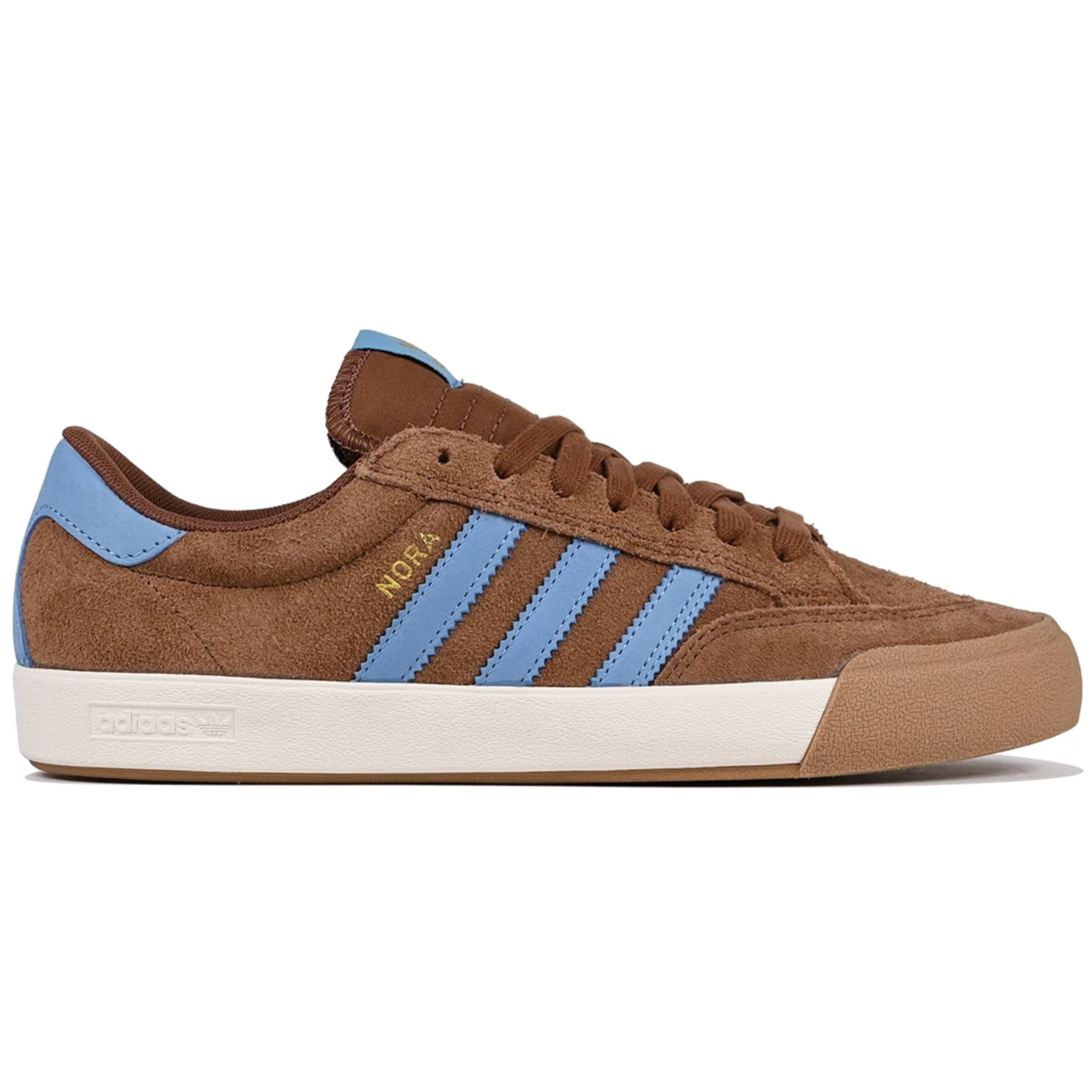 Gum brown adidas Skateboarding Nora Vasconcellos skateboard sneakers with blue stripes on a white background