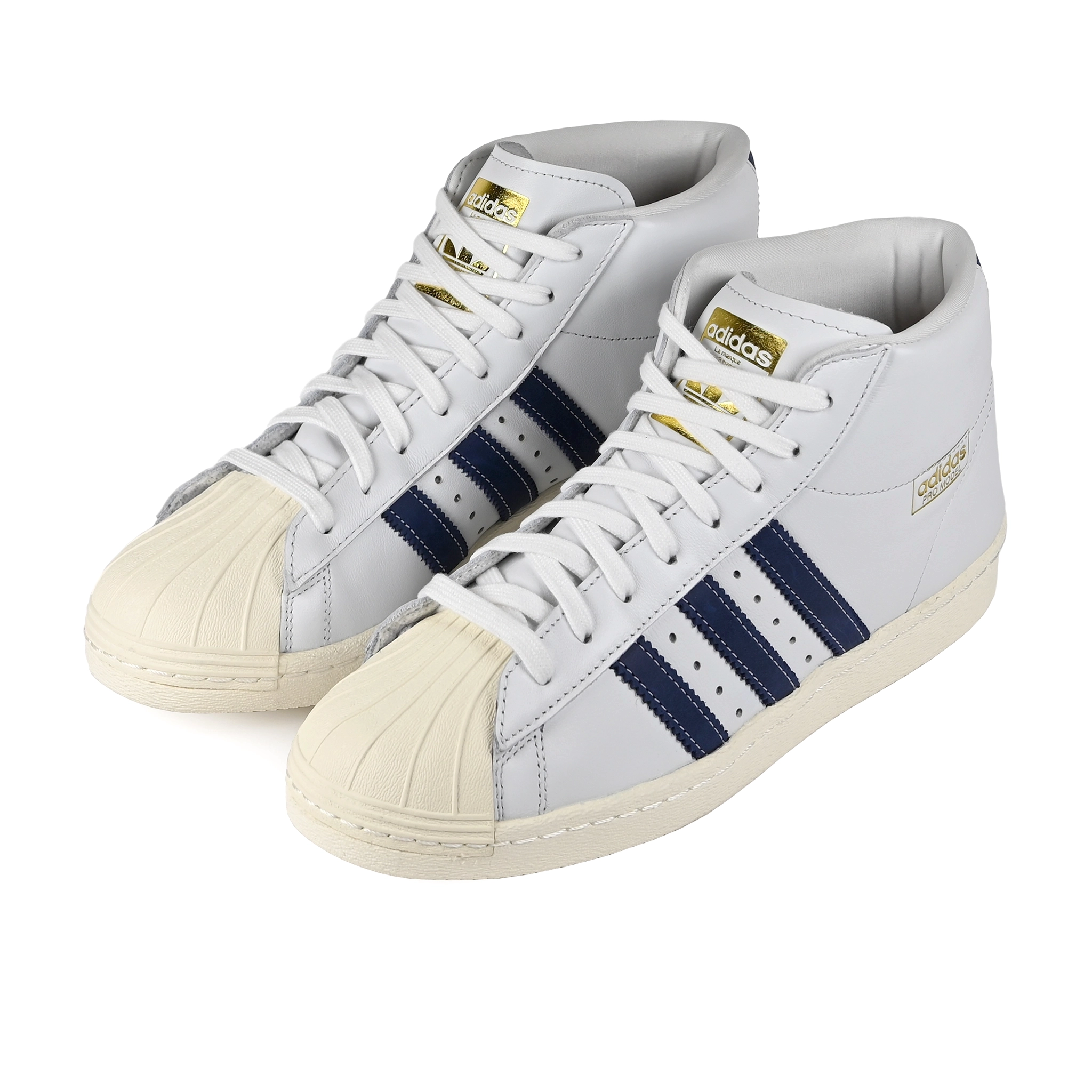A pair of Crystal white adidas Skateboarding Pro Model 80 ADV skateboard sneakers with muted purple stripes on a white background