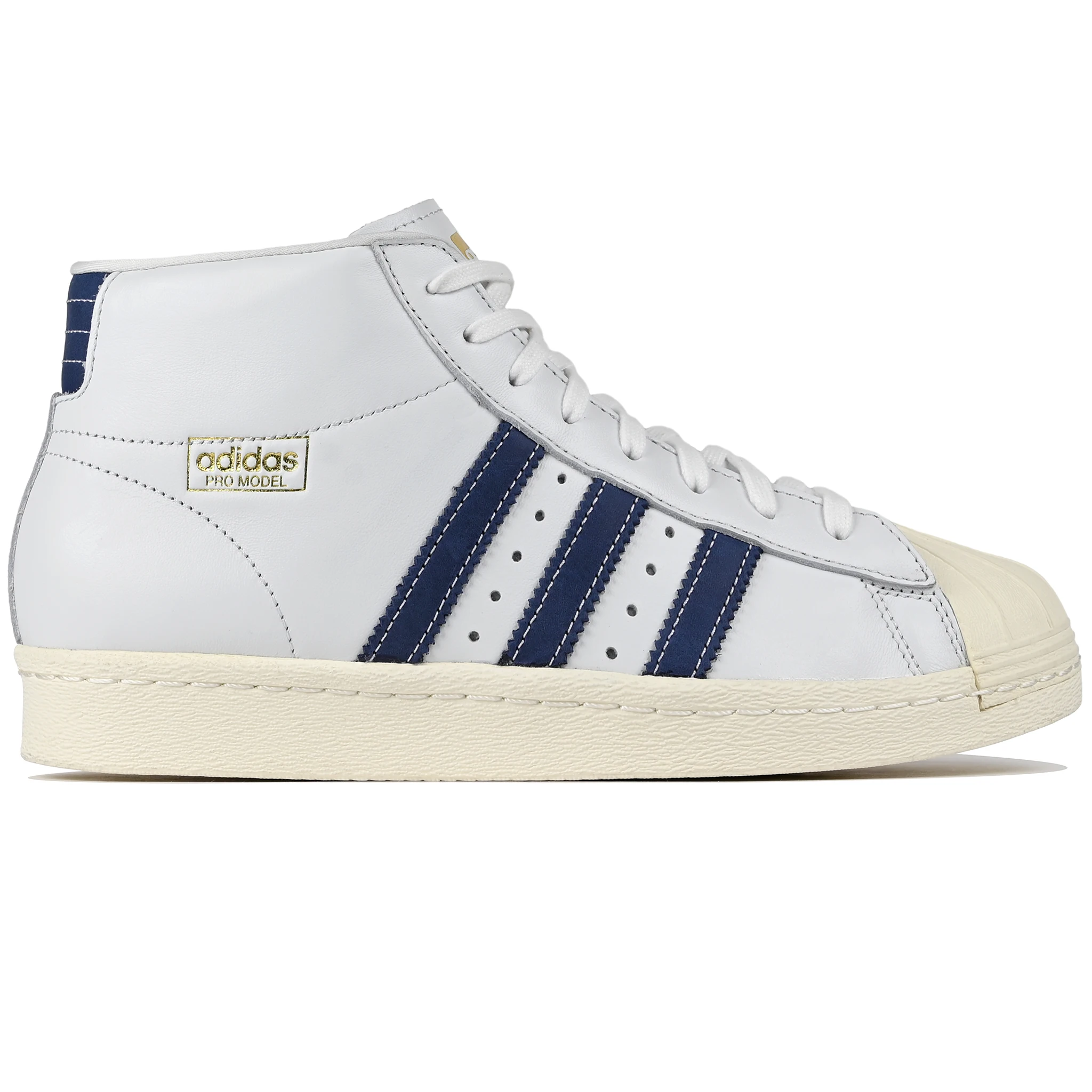 Crystal white adidas Skateboarding Pro Model 80 ADV skateboard sneaker with muted purple stripes on a white background