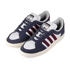 A pair of Shadow Navy adidas Skateboarding Superskate Low skateboard sneakers with maroon stripes on a white background