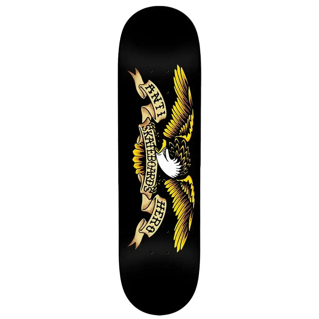 Anti Hero Skateboards DBX Eagle Deck featuring bold eagle graphic on black background, size 8.5" x 31.85".