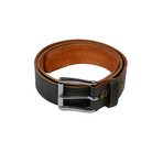 Green and brown leather belt with a silver buckle on a white background