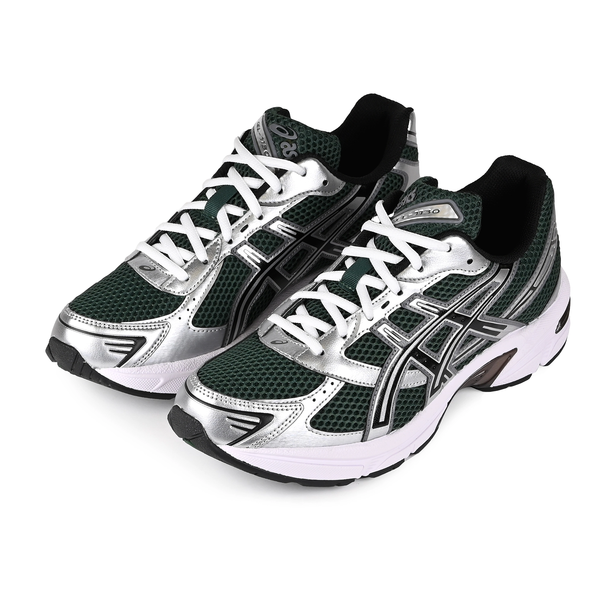 A pair of Evergreen and silver Asics GEL-1130 Sportstyle sneakers with Onitsuka branding on a white background