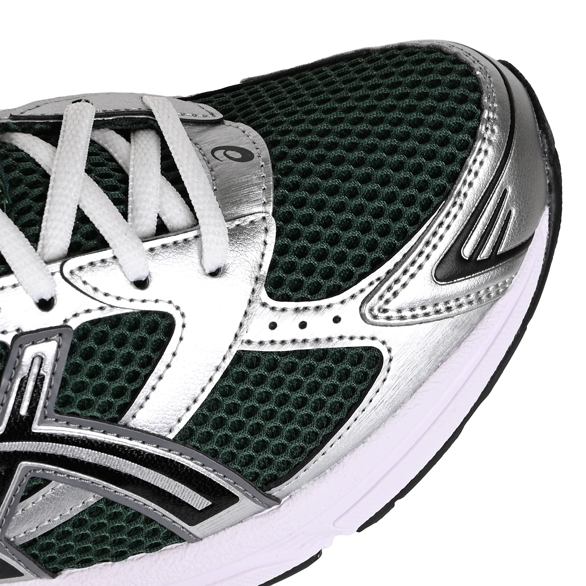 Toe box of Evergreen and silver Asics GEL-1130 Sportstyle sneaker with Onitsuka branding on a white background