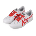 A pair of white Asics Skateboarding  Gel-Vickka sneakers with red accents on a white background