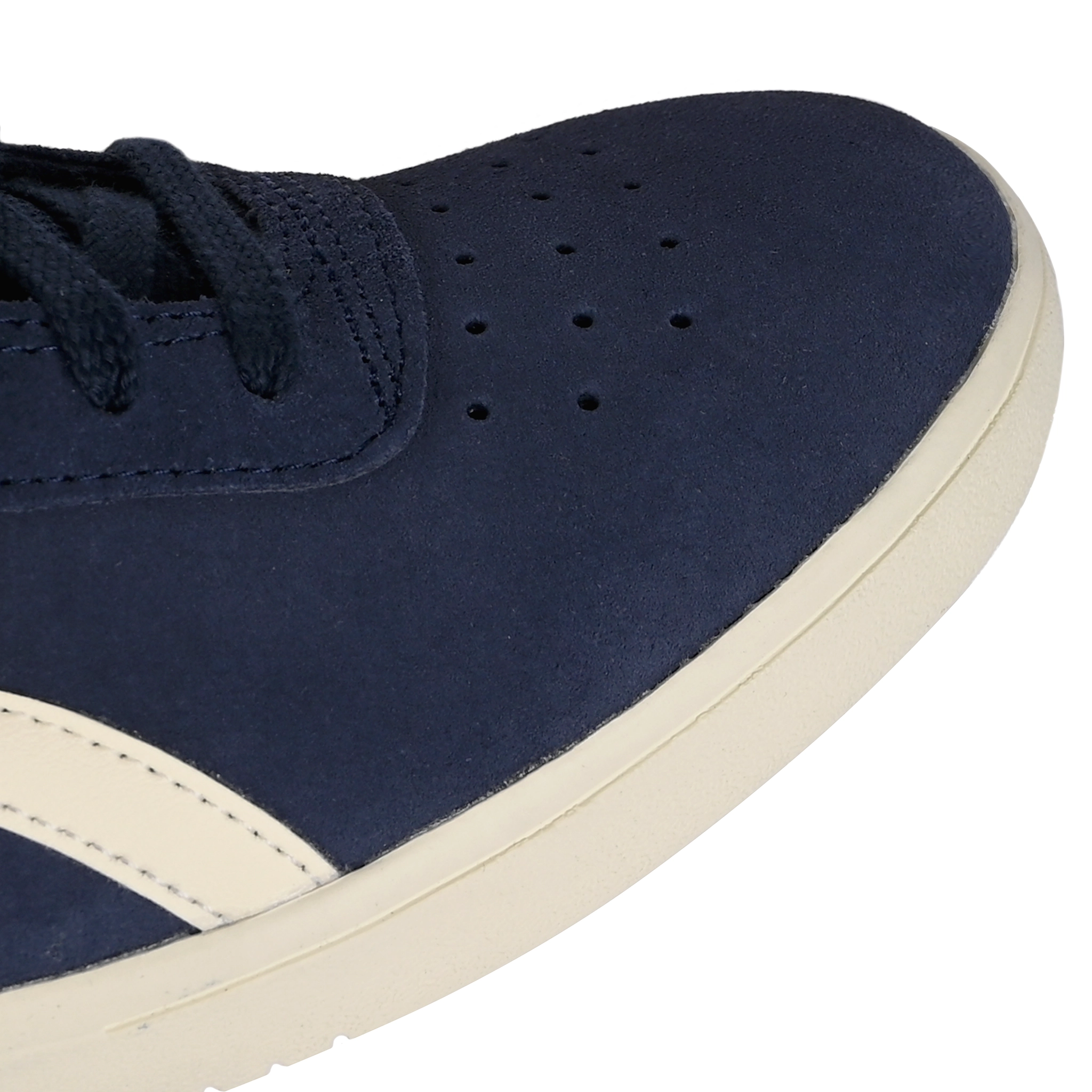 Toe box of Midnight navy ASICS GEL-Vickka Pro skateboard sneaker with 'Onitsuka' branding on a white background