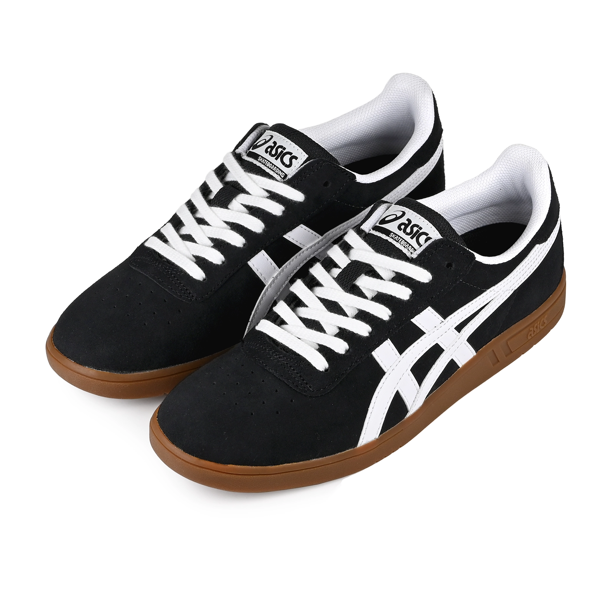 A pair of Black suede Asics Skateboarding Gel-Vickka Pro skateboard sneakers with a gum sole and white Onitsuka branding on a white background