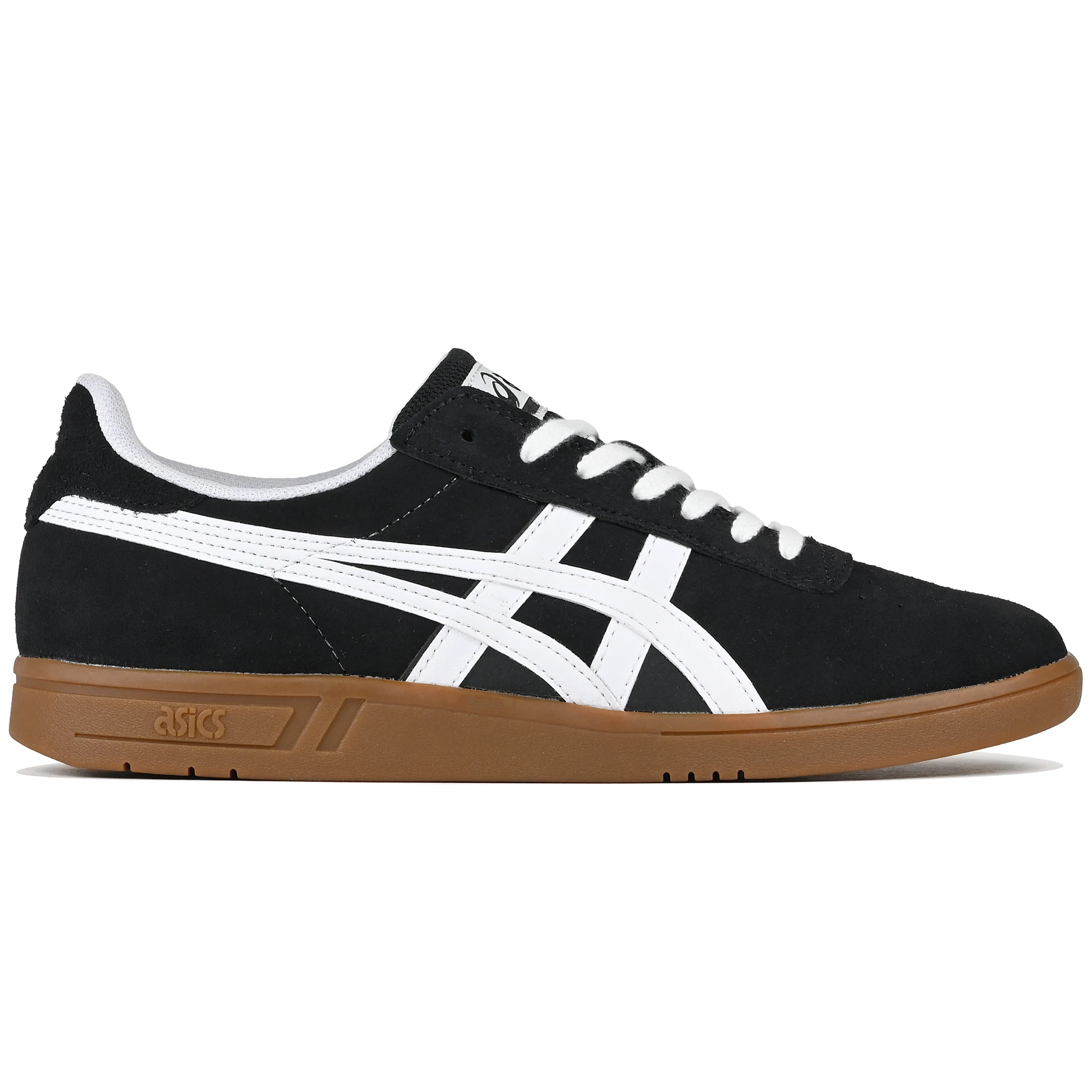 Black suede Asics Skateboarding Gel-Vickka Pro skateboard sneaker with a gum sole and white Onitsuka branding on a white background