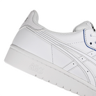 Close up of White leather Asics Skateboarding Japan Pro sneaker with 'Onitsuka' branding and a white sole on a white background