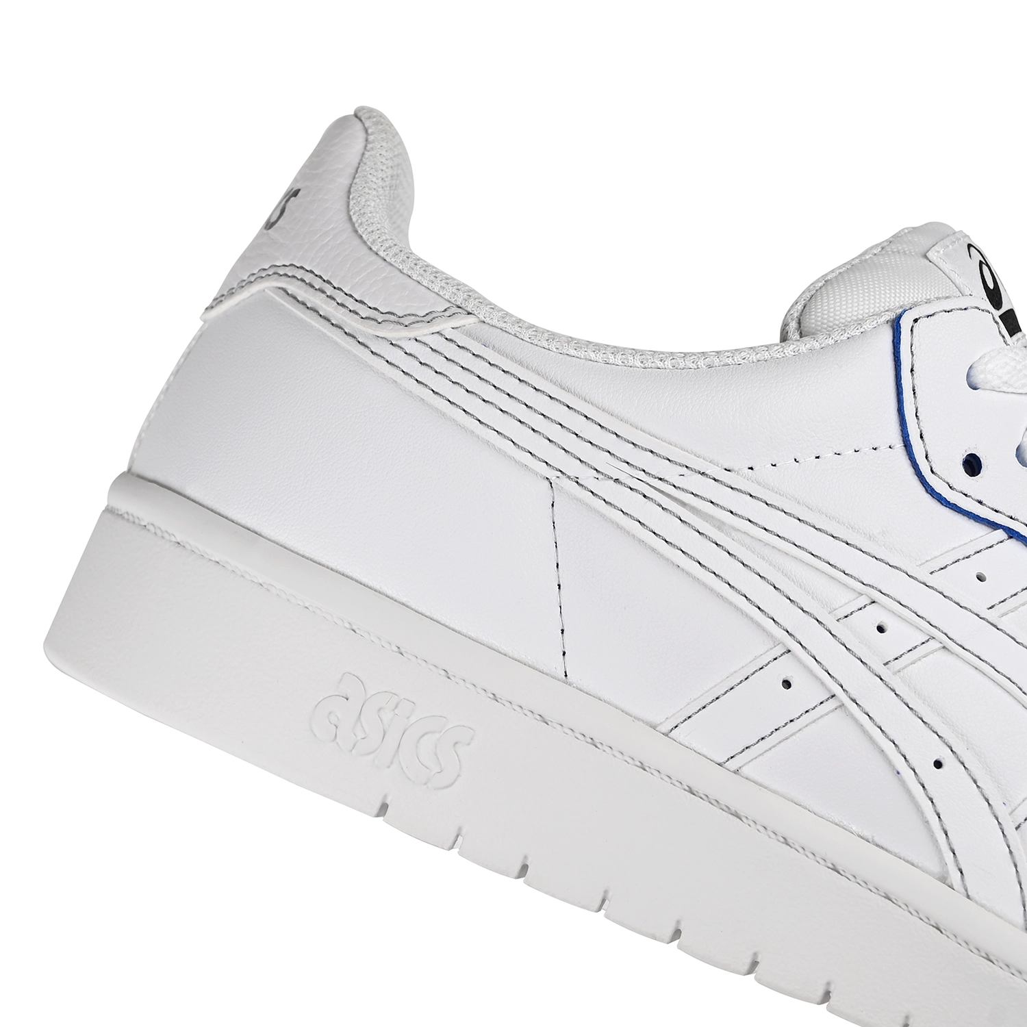 Close up of White leather Asics Skateboarding Japan Pro sneaker with 'Onitsuka' branding and a white sole on a white background