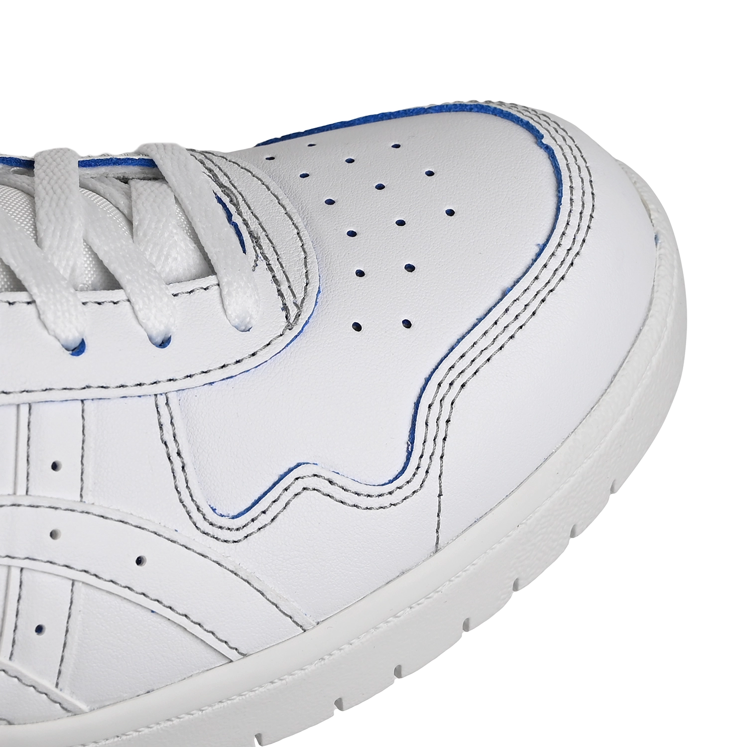 Toe box of White leather Asics Skateboarding Japan Pro sneaker with 'Onitsuka' branding and a white sole on a white background