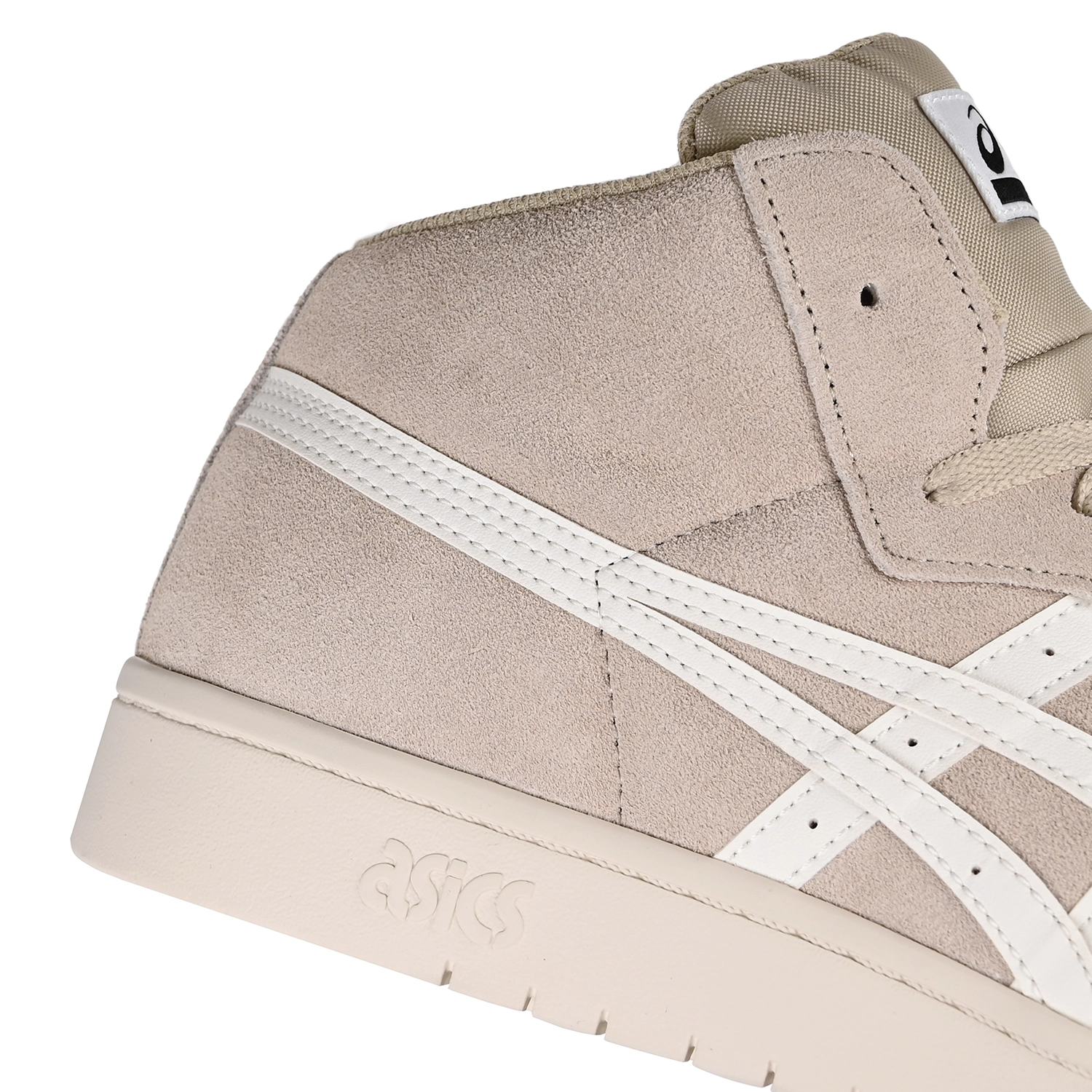 Close up of Asics Skateboarding Japan Pro Mid feather grey sneakers with 'Onitsuka' branding on a white background