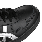 Toe box of Black leather Asics Skateboarding Japan Pro skateboard sneaker with Pure Silver 'Onitsuka' branding on a white background