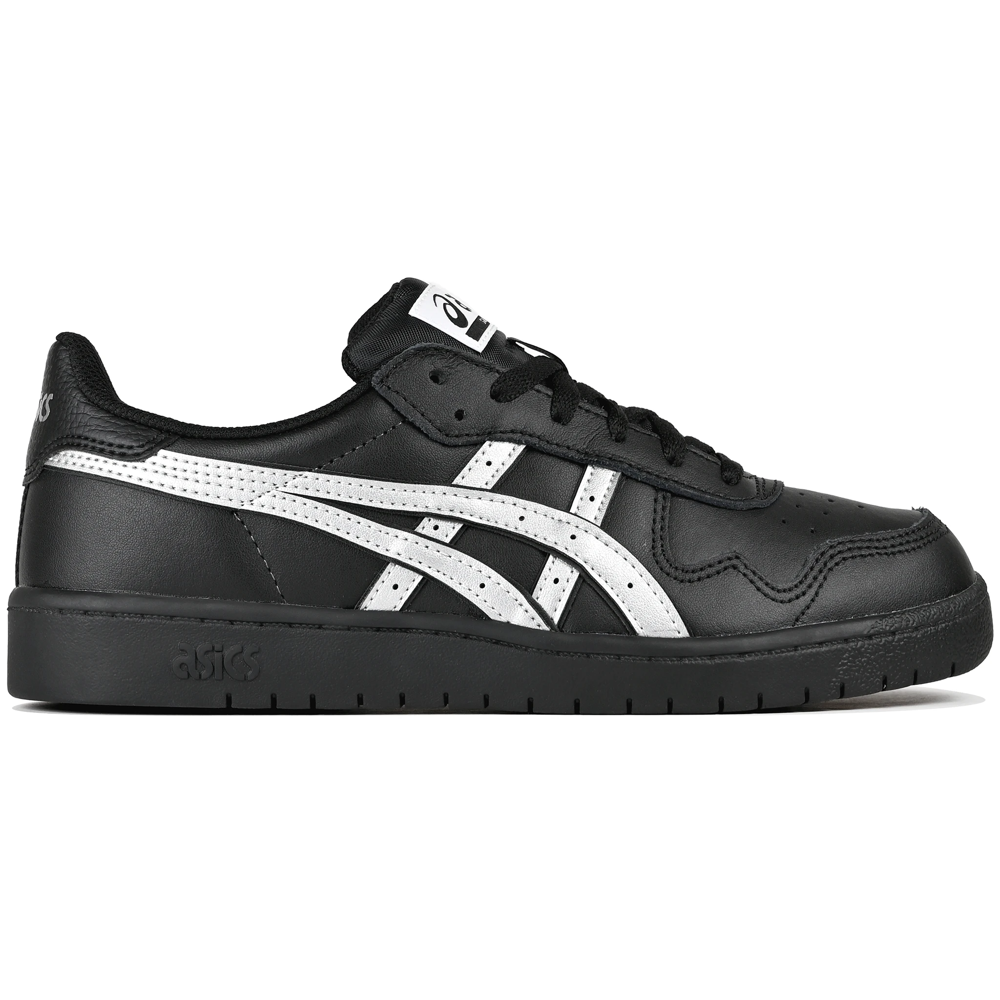 Black leather Asics Skateboarding Japan Pro skateboard sneaker with Pure Silver 'Onitsuka' branding on a white background