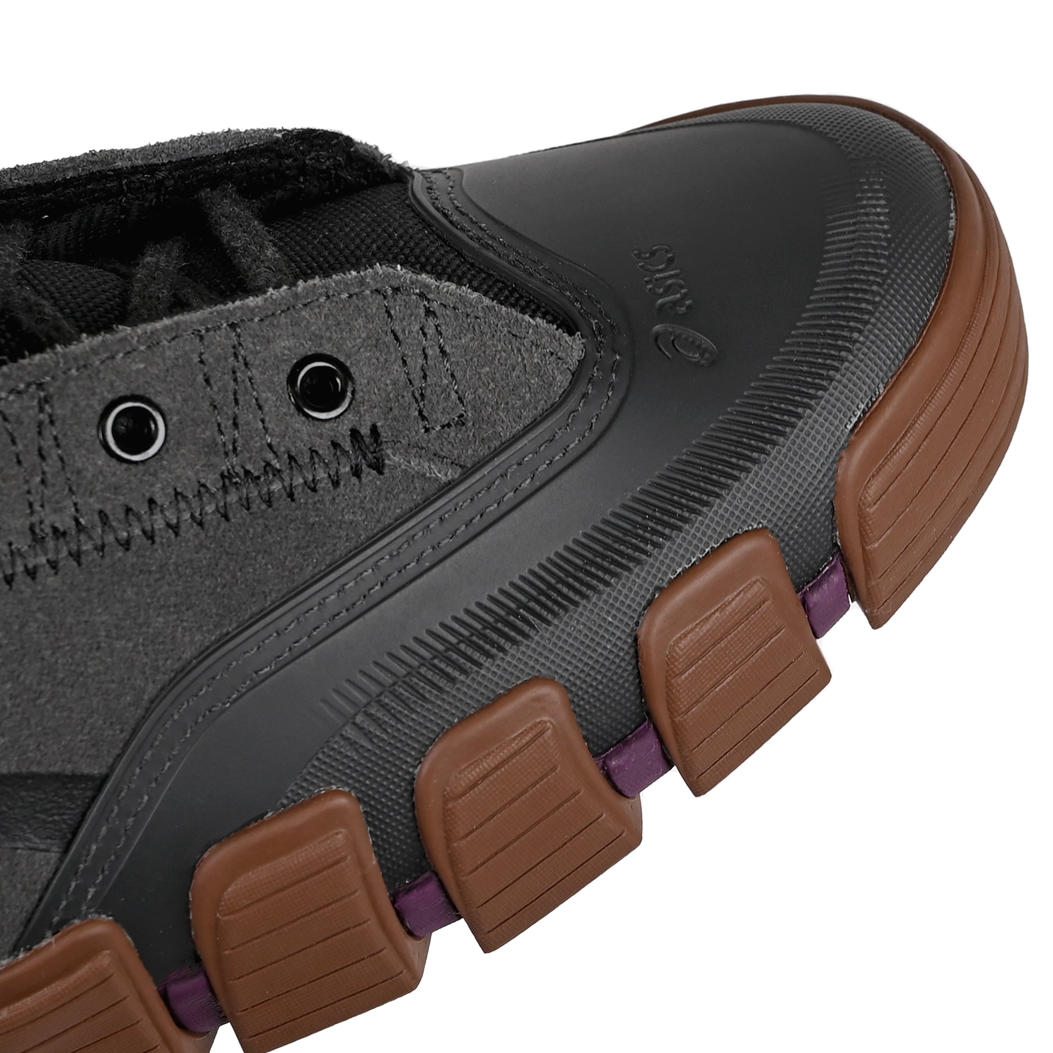 Toe box of Graphite grey ASICS Skateboarding x Late Nite Stars GEL-Flexkee Pro 2.0 skateboard sneaker with black 'Onitsuka' branding on a white background