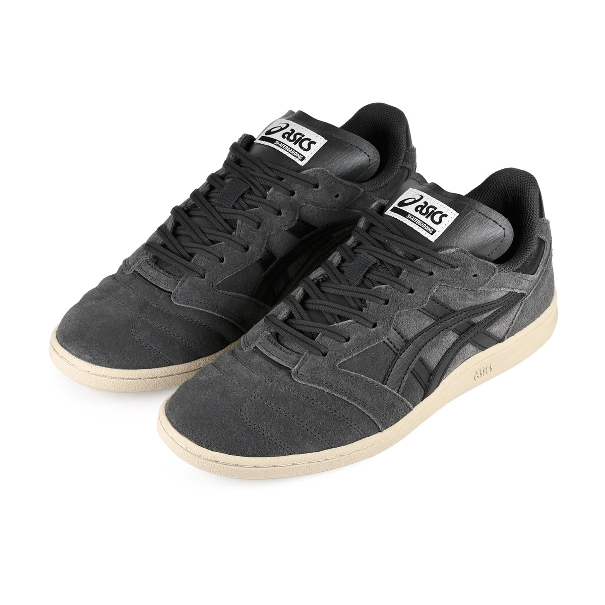 A pair of Graphite Grey Asics Skateboarding Leggerezza FB men's skateboard sneakers with Onitsuka branding on a white background