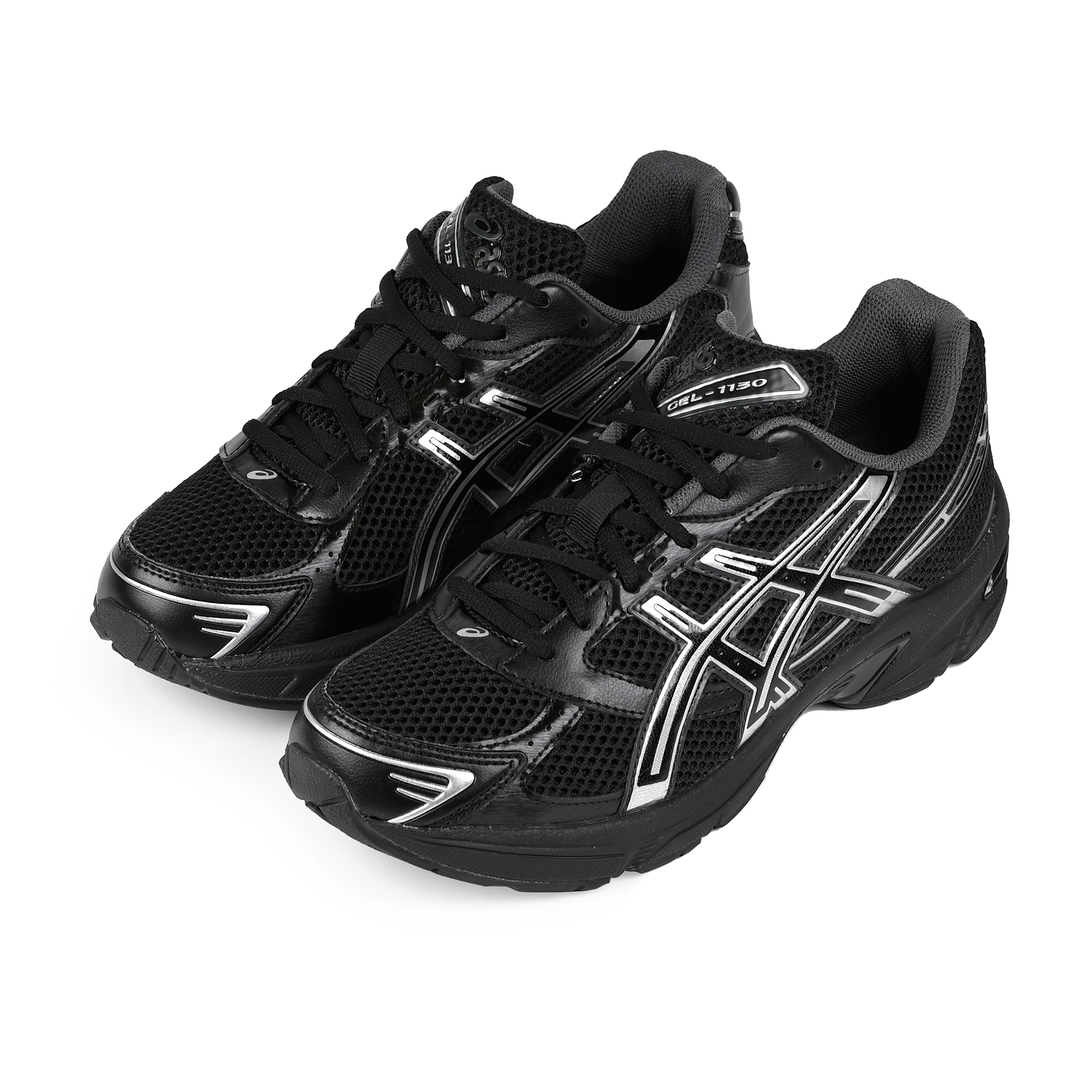 A pair of Black ASICS Sportstyle GEL-1130 with pure silver sneakers 'Onitsuka' branding on a white background